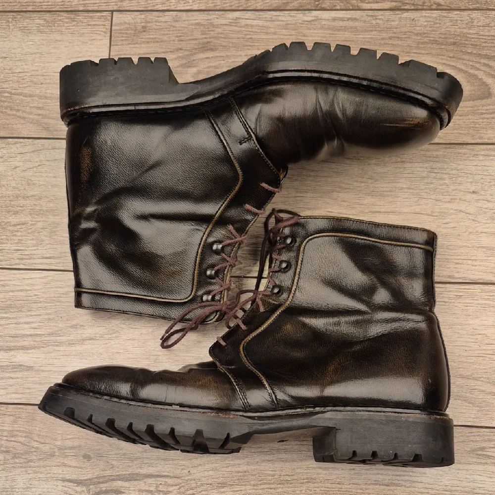 BALLY Italy Campos Dark Brown Leather Designer Mens Sz 9 E Combat Lace Up Boots